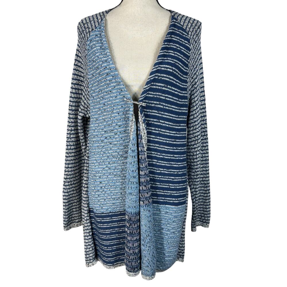 J Jill Large Cardigan Striped Long Sleeve Stretch V-Neck Patchwork Striped Blue